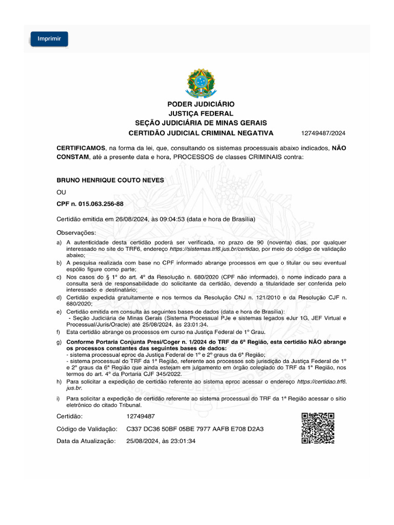 Certidão Negativa Criminal TRF6 MG | PDF | Direito Público | Justiça