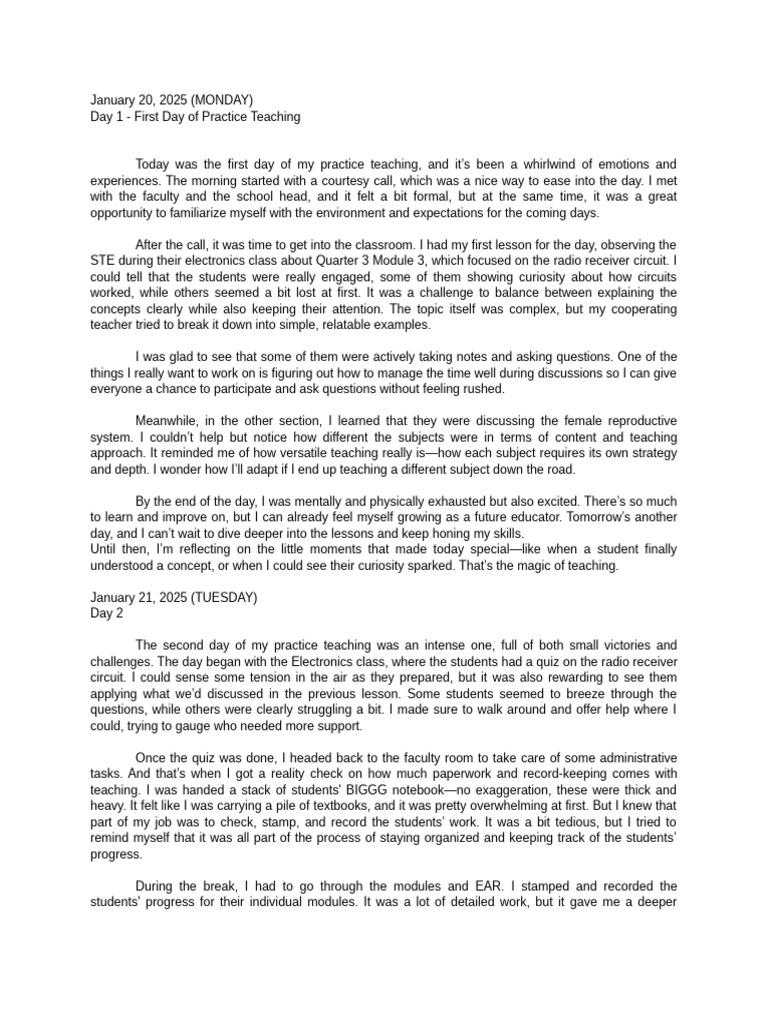 Practice Teaching Reflections: Days 1-3 | PDF | Teachers | Dna