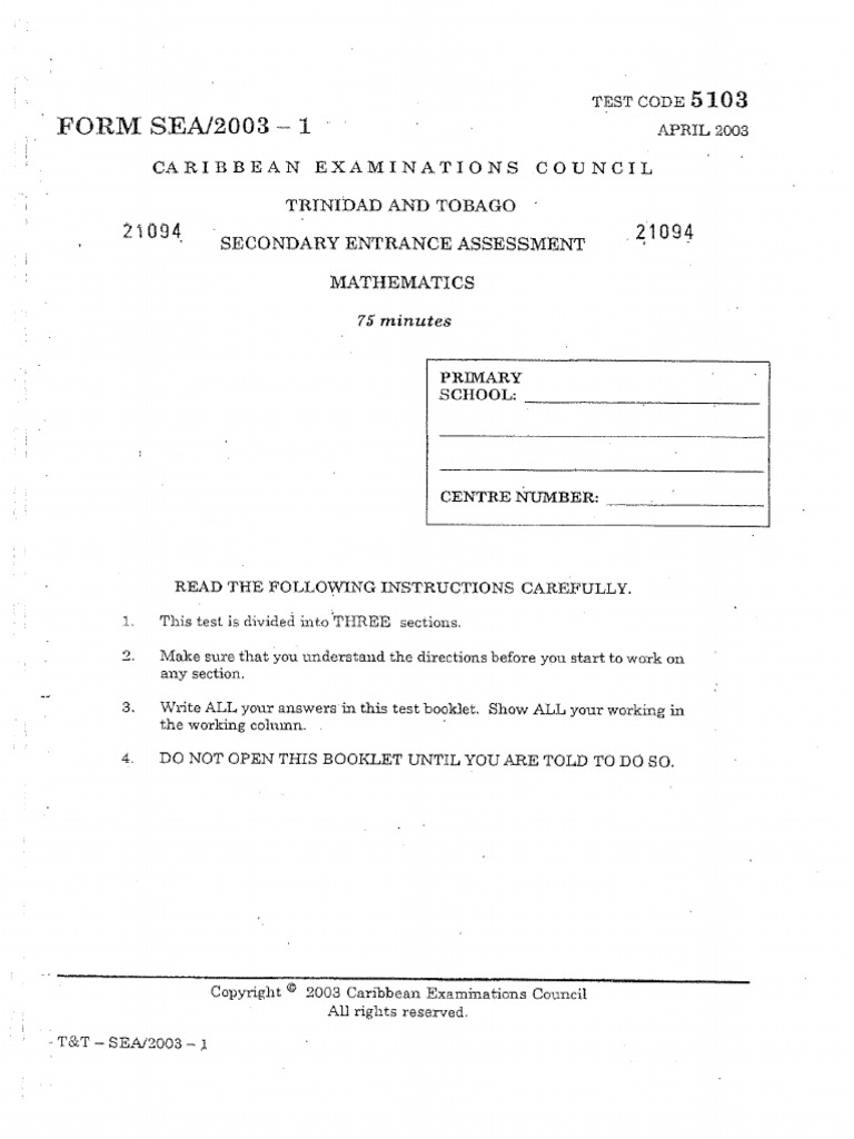SEA Past Paper 2003 | PDF