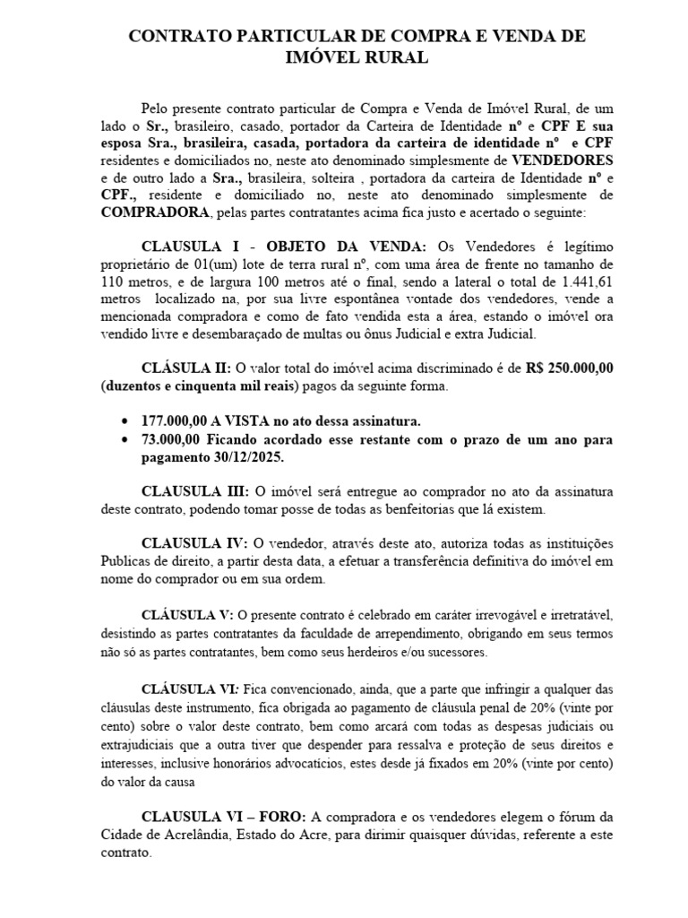 Contrato de Compra e Venda de Imóvel Rural | PDF