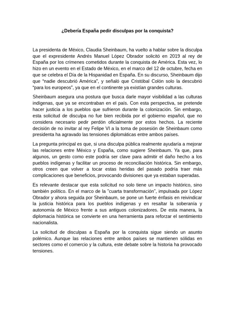 Disculpas de España por la conquista: Debate | PDF