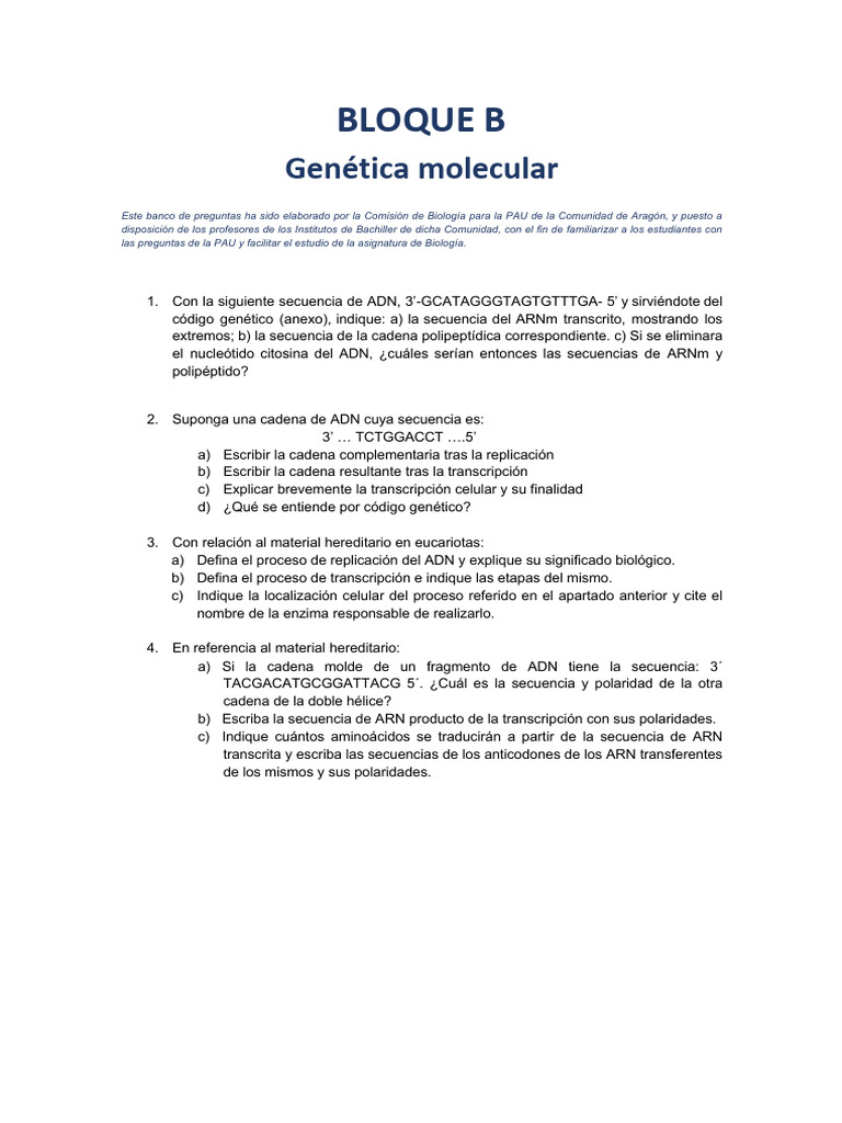 Preguntas sobre Genética Molecular PAU | PDF | Codigo genetico | Mutación