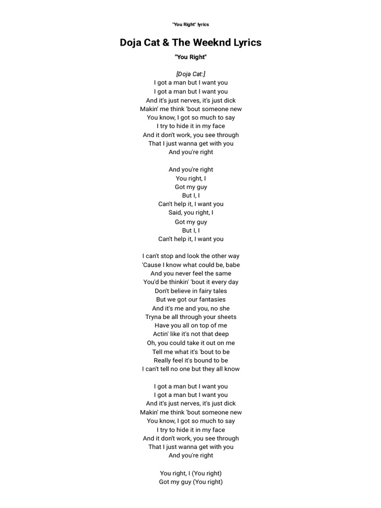 Doja cat the weeknd you right lyrics azlyrics pdf