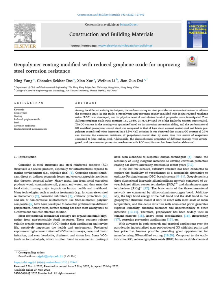 Geopolymer Coating with RGO for Steel Corrosion | PDF | Corrosion | Coating