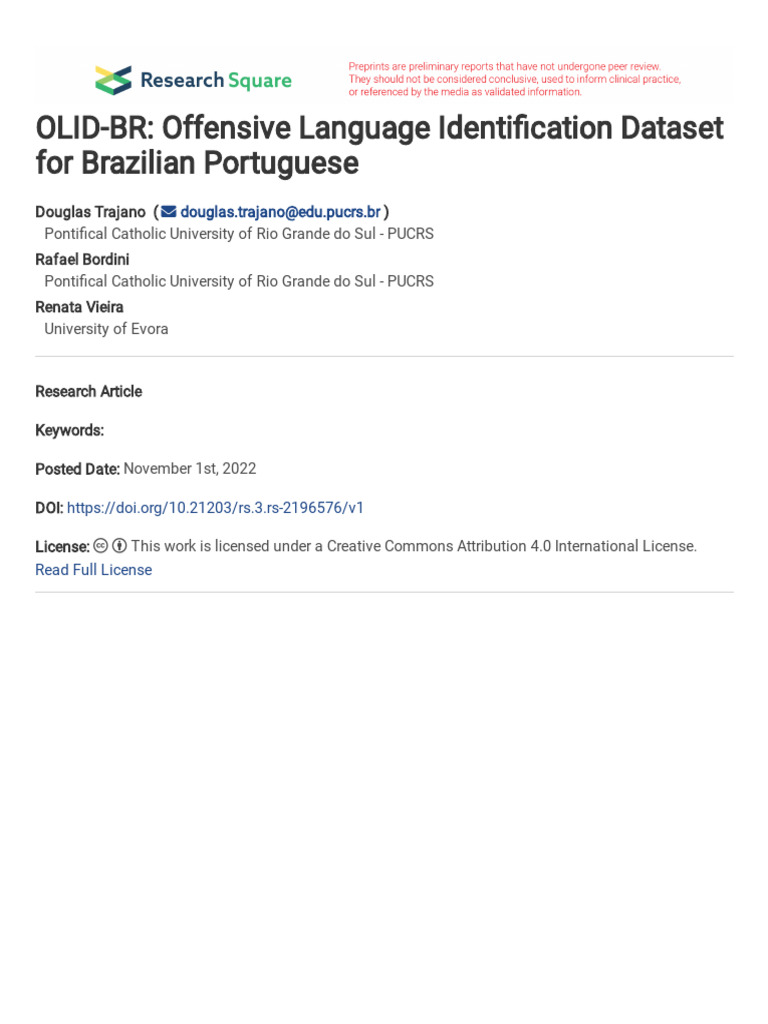 OLID-BR: Dataset for Toxicity in Portuguese | PDF
