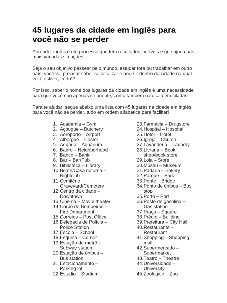 45 Lugares da Cidade em Inglês | PDF