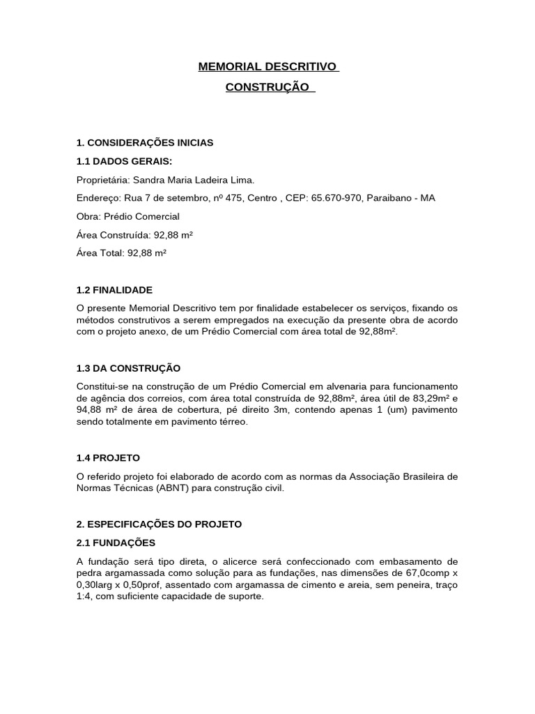 Memorial Descritivo de Prédio Comercial | PDF | Argamassa (alvenaria ...