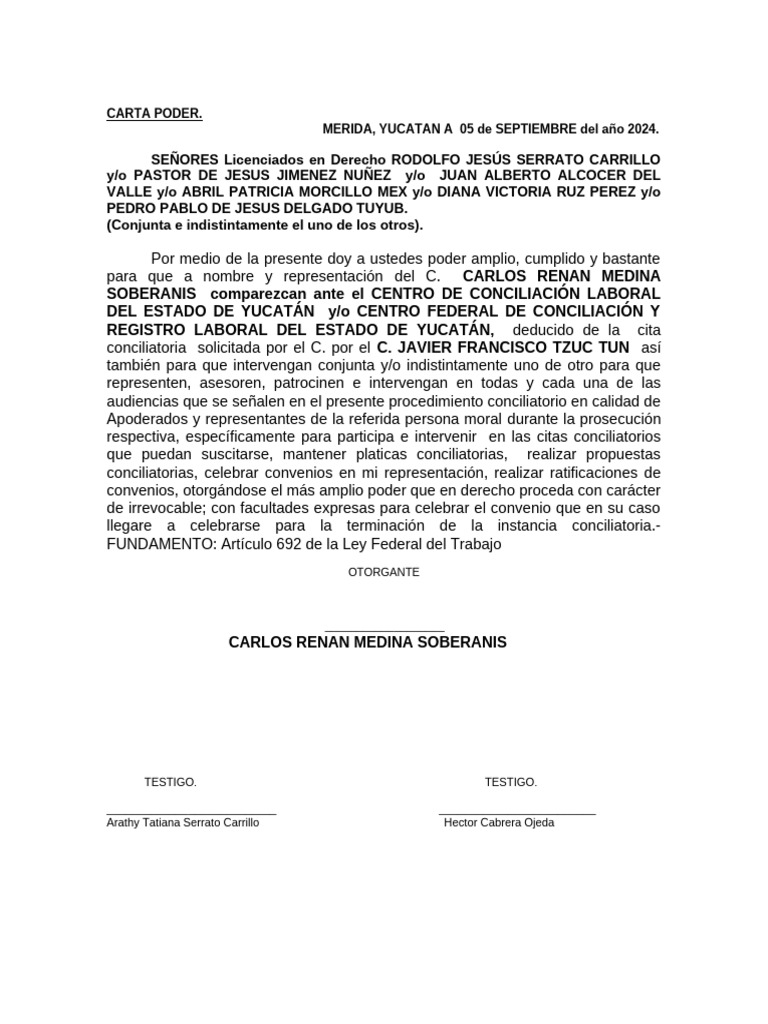 Carta Poder Fisicos Carlos Renan - Pastor | PDF
