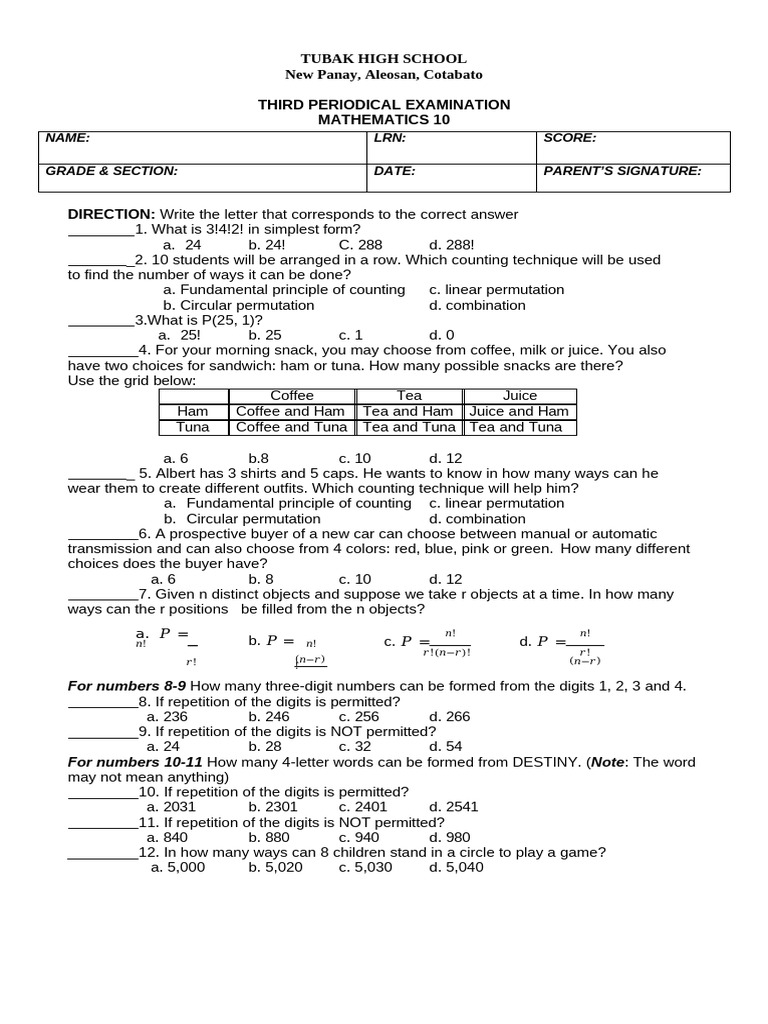 Math 10 Periodical Exam Guide | PDF | Permutation | Mathematics