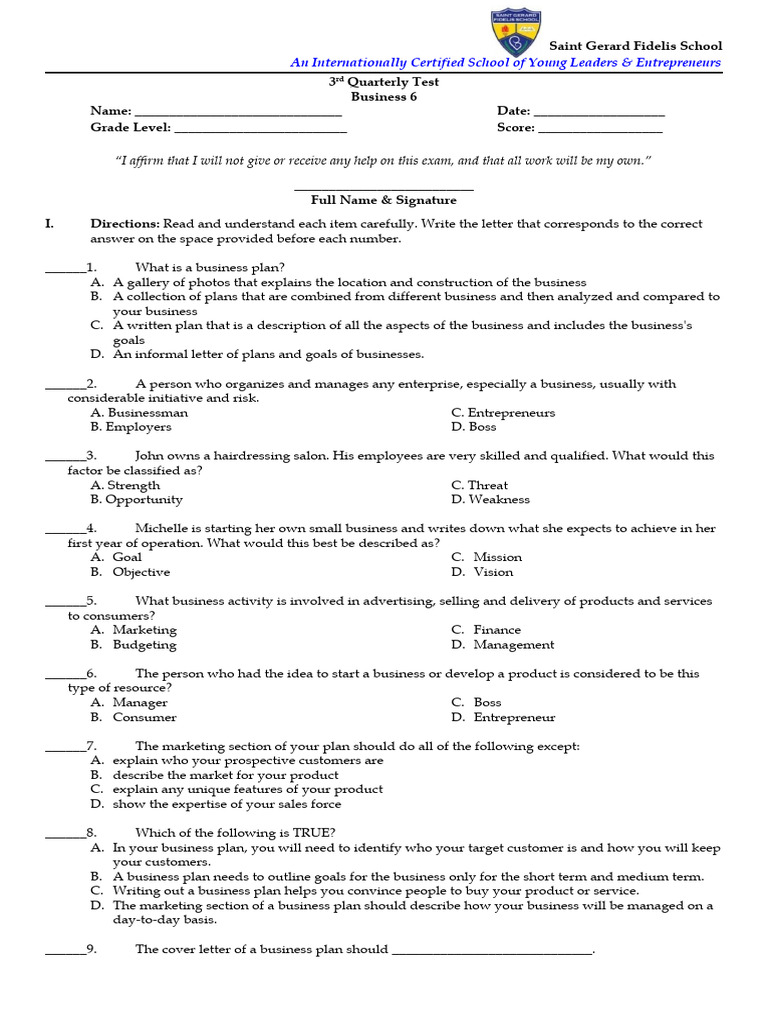 3rd Quarterly Test in Business 6 | PDF | Expense | Marketing