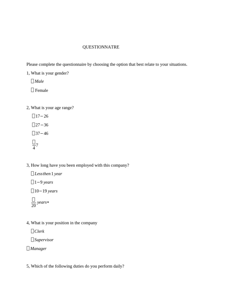 HR Management Employee Questionnaire | PDF