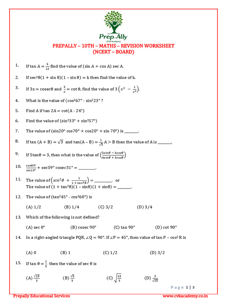 Grade 10 Trigonometry Revision Worksheet | PDF | Trigonometric ...