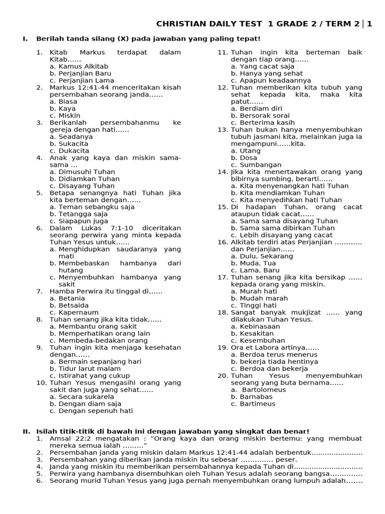 Ujian Harian Kristen Kelas 2 Term 2 | PDF