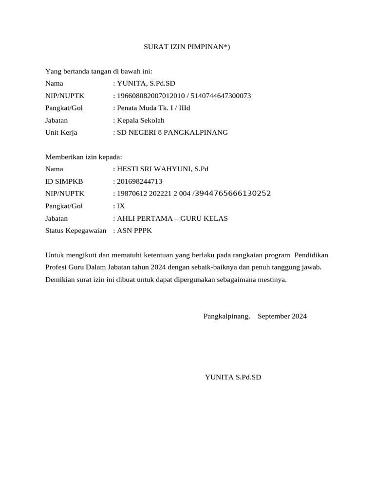 Surat Izin Pendidikan Guru 2024 | PDF