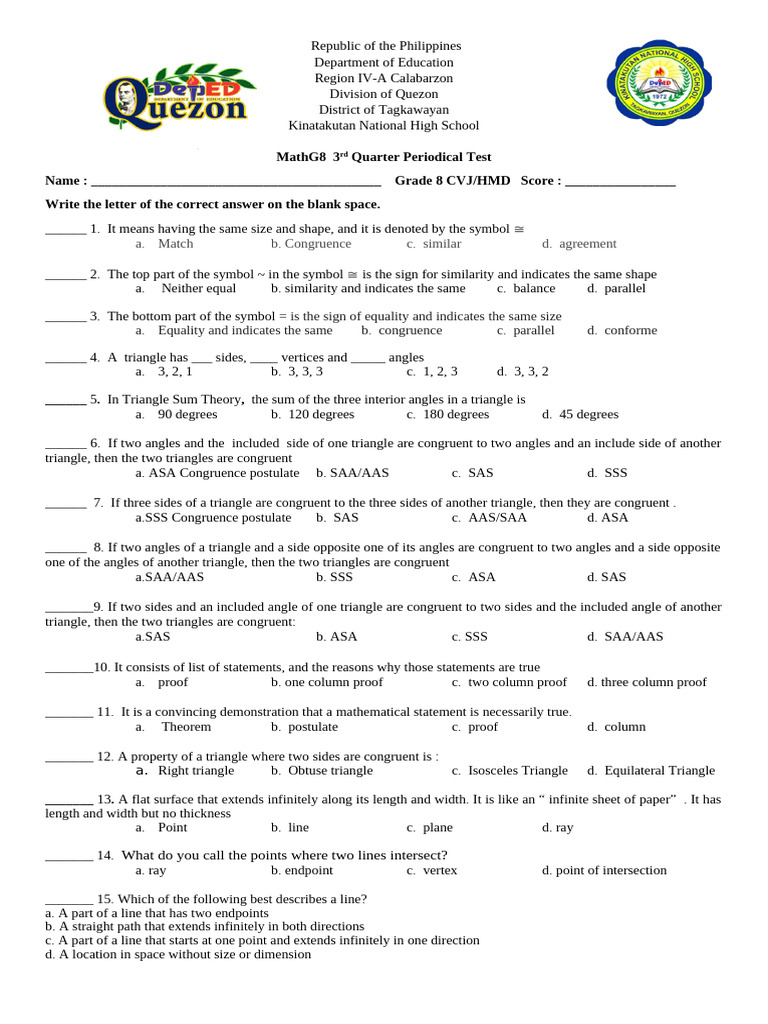 Grade 8 Periodical Exam 3RD Quarter | PDF | Triangle | Line (Geometry)