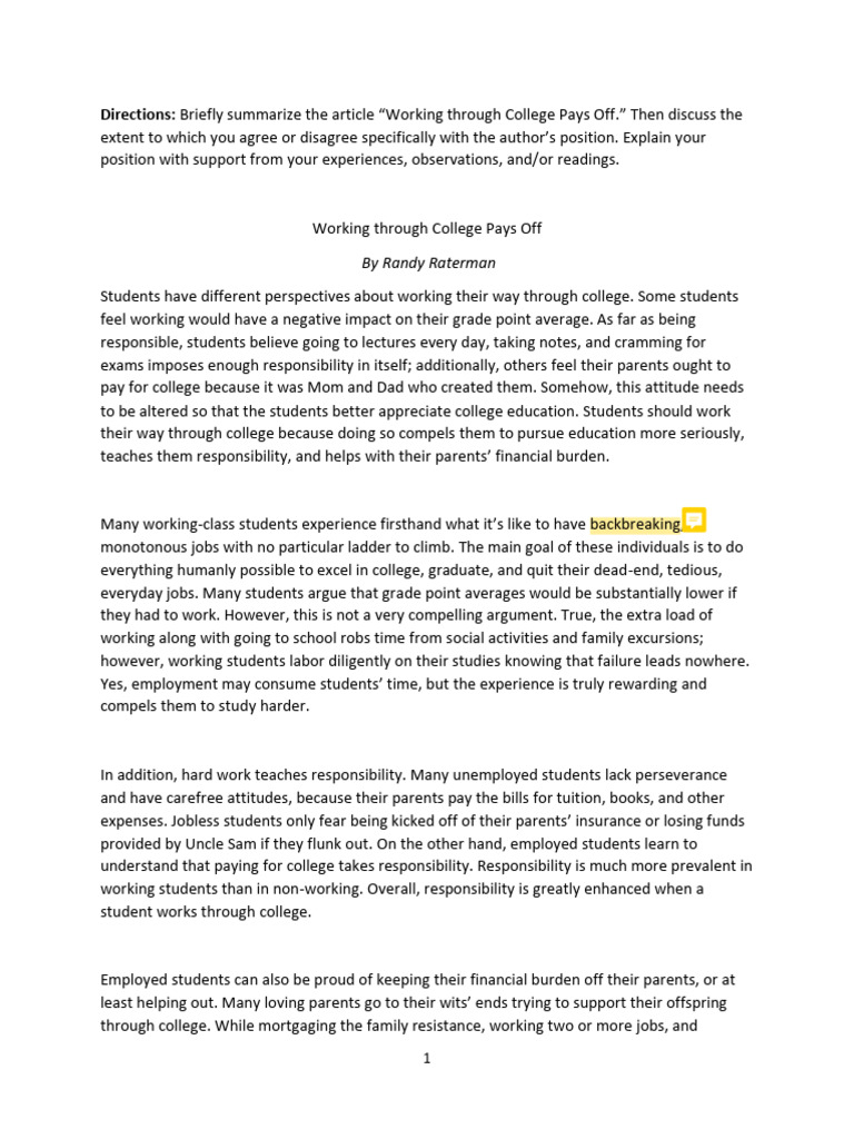 Working Through College Pays Off - Article | PDF | Social Psychology ...