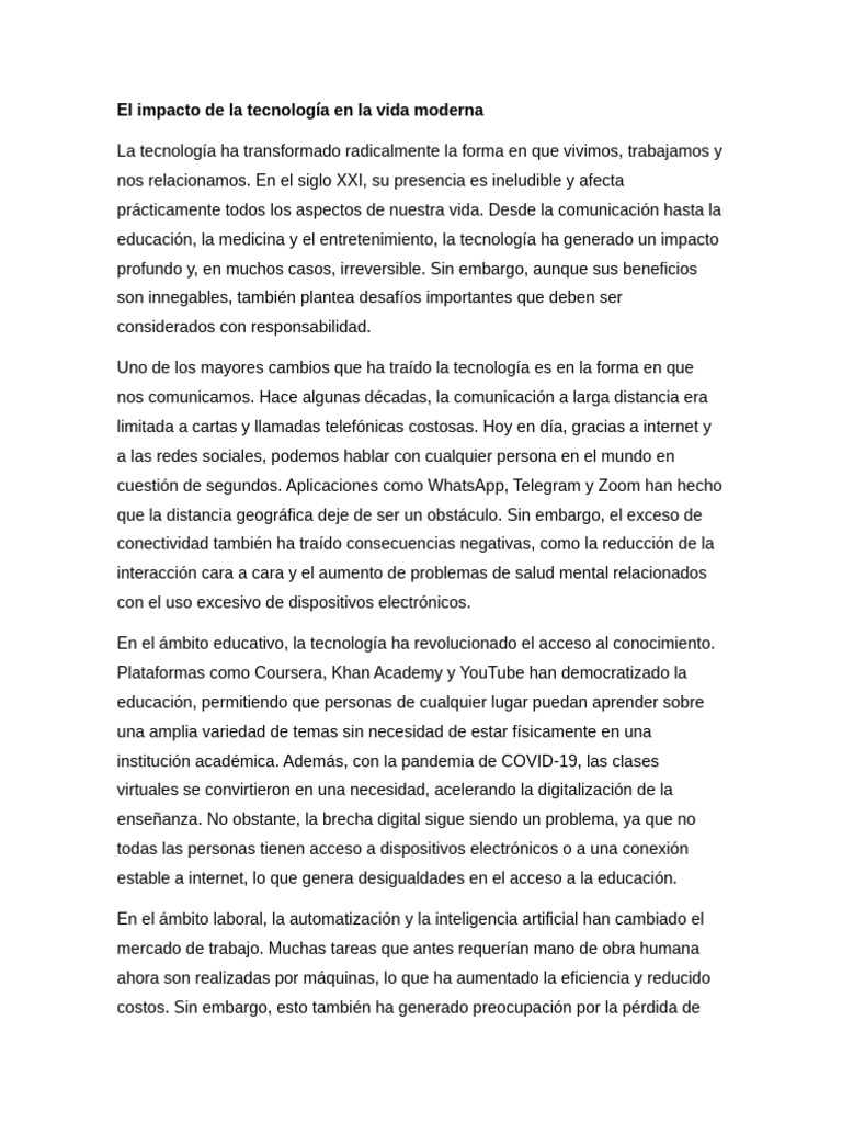 Impacto de la Tecnología en la Vida Actual | PDF | Internet ...