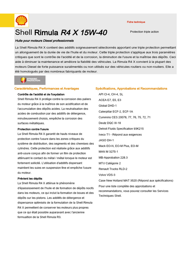 Fiche technique Shell Rimula R4 X 15W-40 | PDF | Moteur diesel