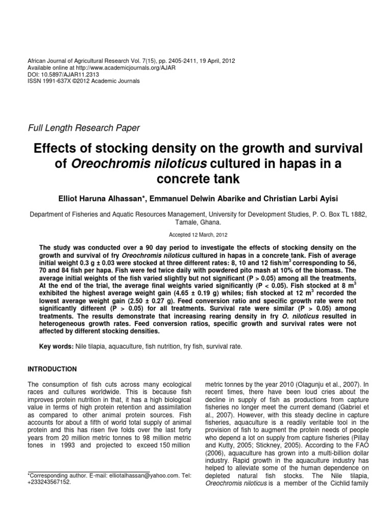 Stocking Density Effects on Nile Tilapia Growth | PDF | Aquaculture ...