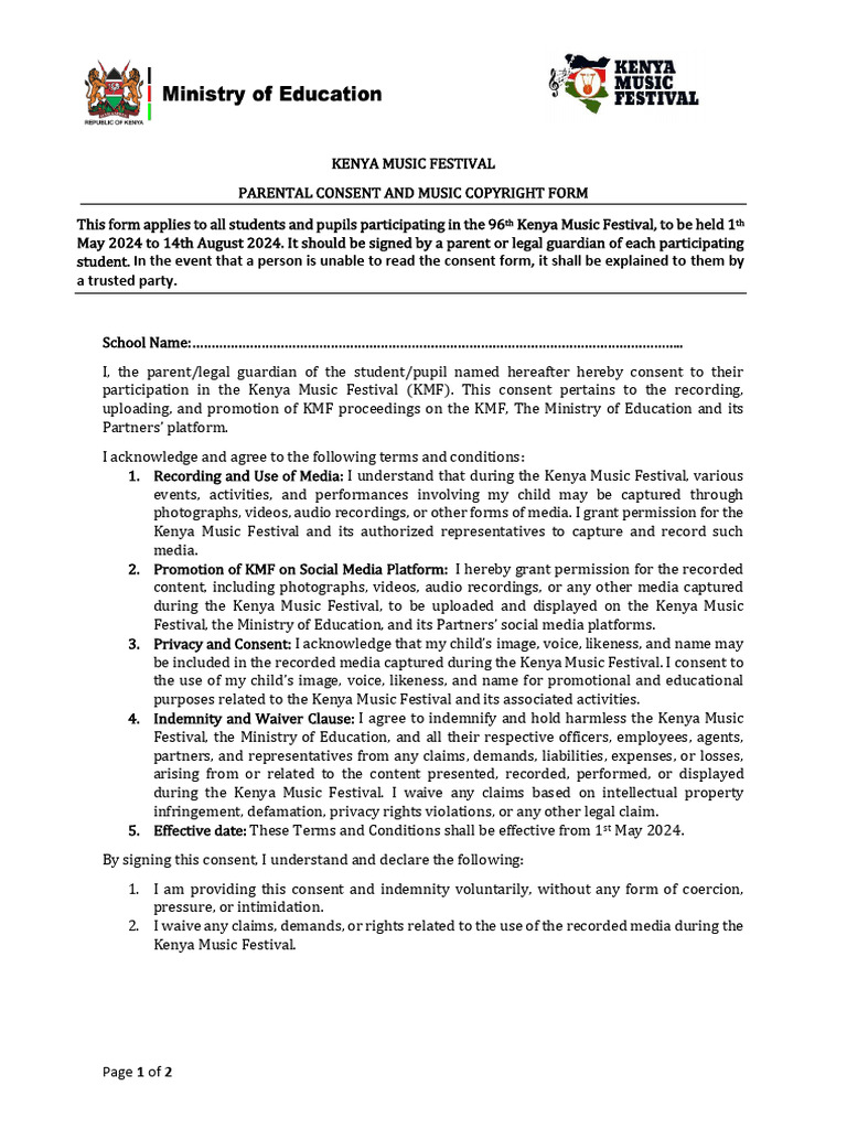 Kenya Music Festival Consent Form | PDF | Indemnity | Civil Law (Common ...