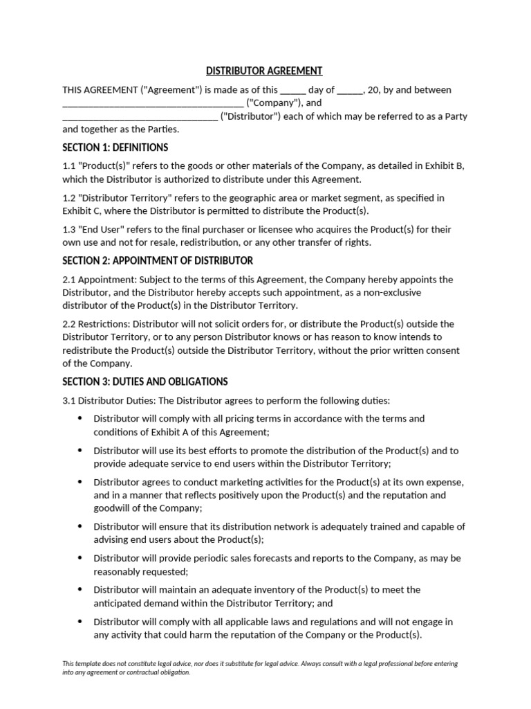 Distributor Agreement Template PDF | PDF | Indemnity | Prices