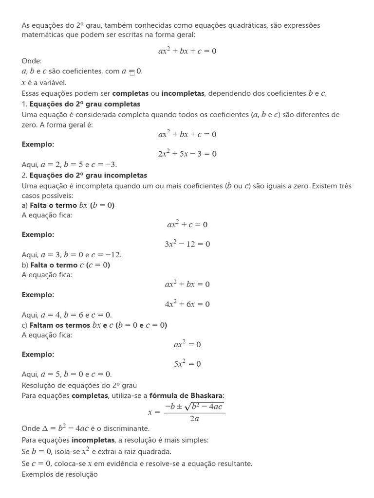 Equações do 2º Grau: Completas e Incompletas | PDF | Equações | Analise ...