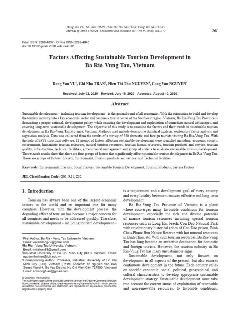 Factors Influencing Sustainable Tourism in Ba Ria-Vung Tau | PDF ...