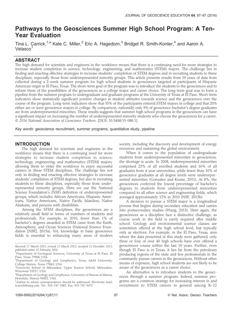 Pathways To The Geosciences Summer High School Program A TenYear ...