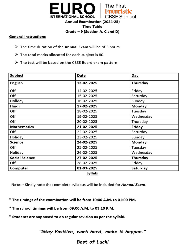 Grade 9 Annual Exam Timetable 2024-25 | PDF