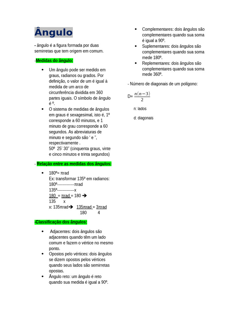 Medidas e Classificação de Ângulos | PDF