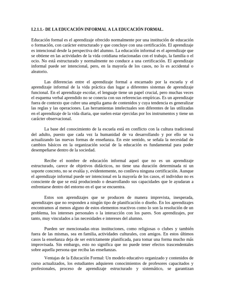 Dela Educación Informal A La Educación Formal. | PDF | Aprendizaje ...