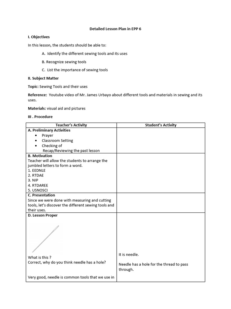 Detailed Lesson Plan in EPP 6 Jan. 15 | PDF | Sewing Needle | Sewing