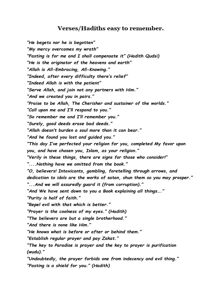 Memorable Hadiths and Verses | PDF | God In Islam | Prophets And ...