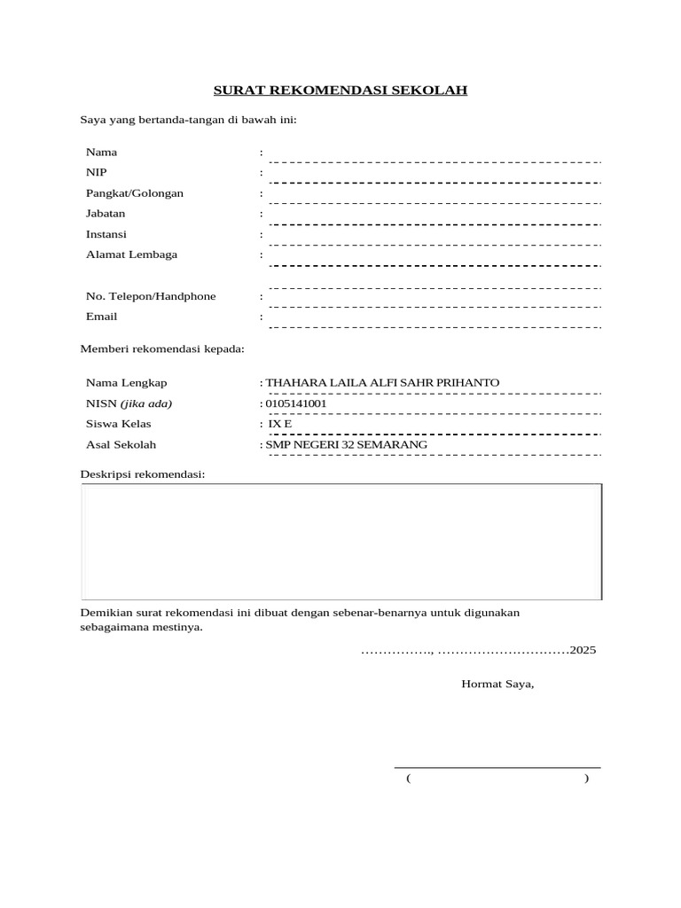Contoh Format Surat Rekomendasi | PDF