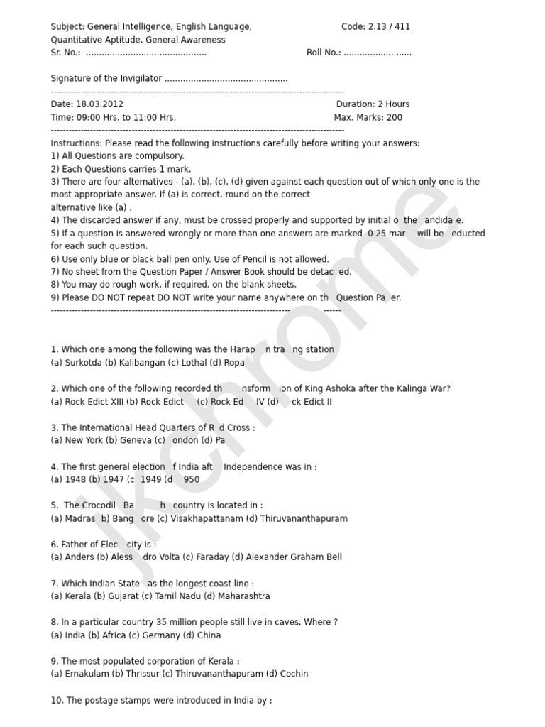 General Intelligence Exam Paper 2012 | PDF