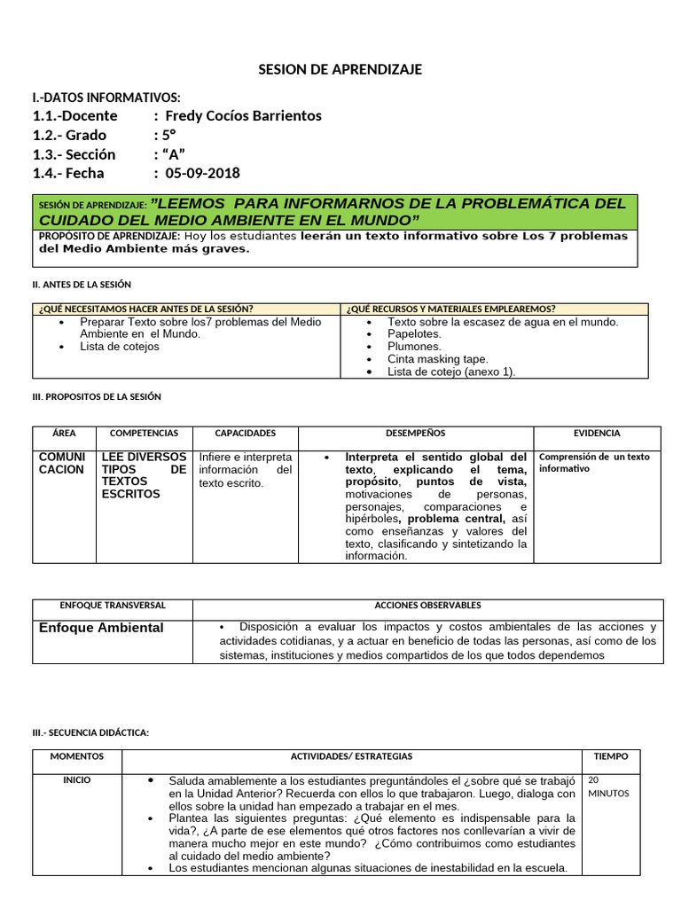 SESION COM Leemos para Informarnos de La Problemática Del Cuidado Del ...