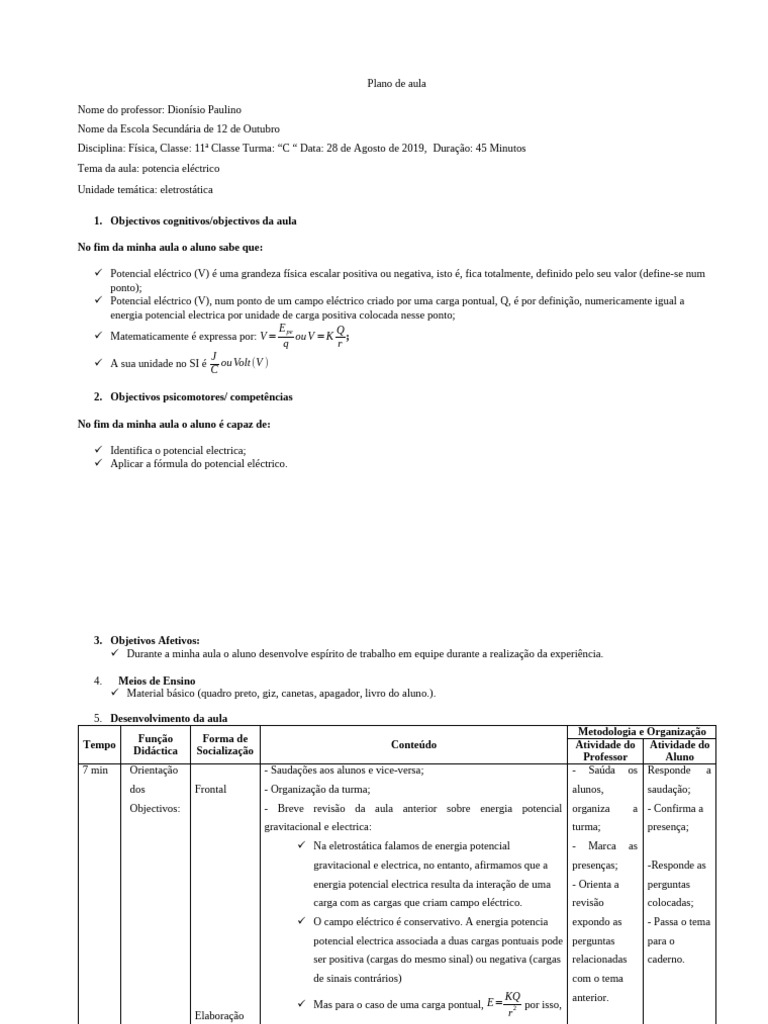Plano de Aula Dionisio 11aclasse | PDF | Campo elétrico | Física