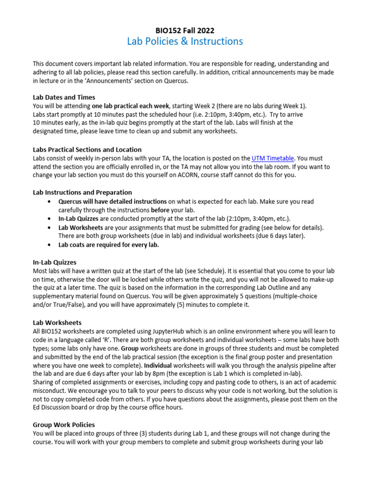 BIO152 Fall 2022 Lab Policies Guide | PDF