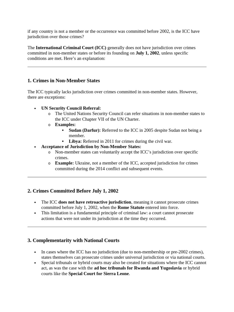 ICC Jurisdiction: Non-Member Crimes Explained | PDF | Crimes Against ...