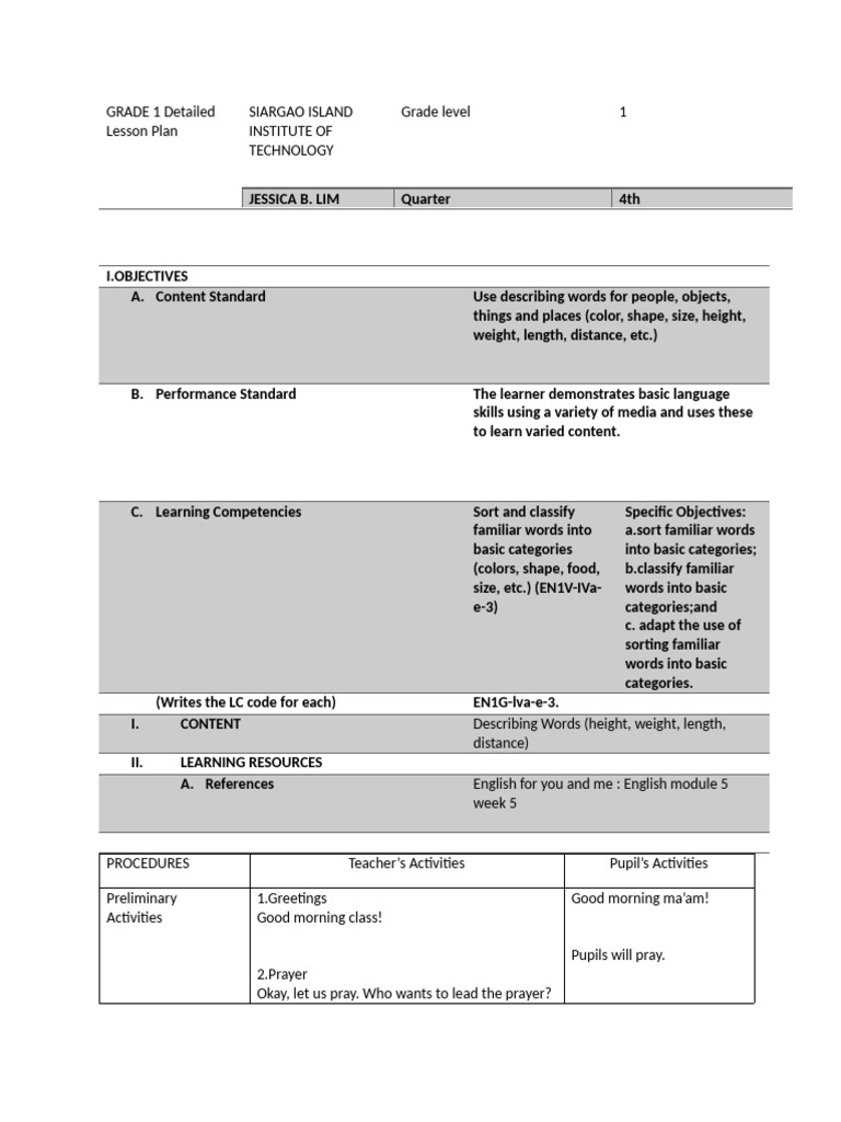 Grade 1 Lesson Plan: Describing Words | PDF | Lesson Plan | Shape