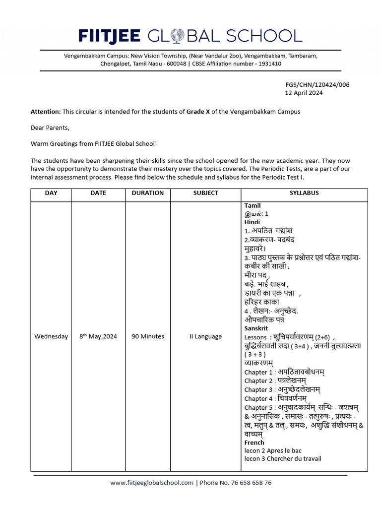 Grade X Periodic Test Schedule 2024 | PDF | Equations | Chemistry