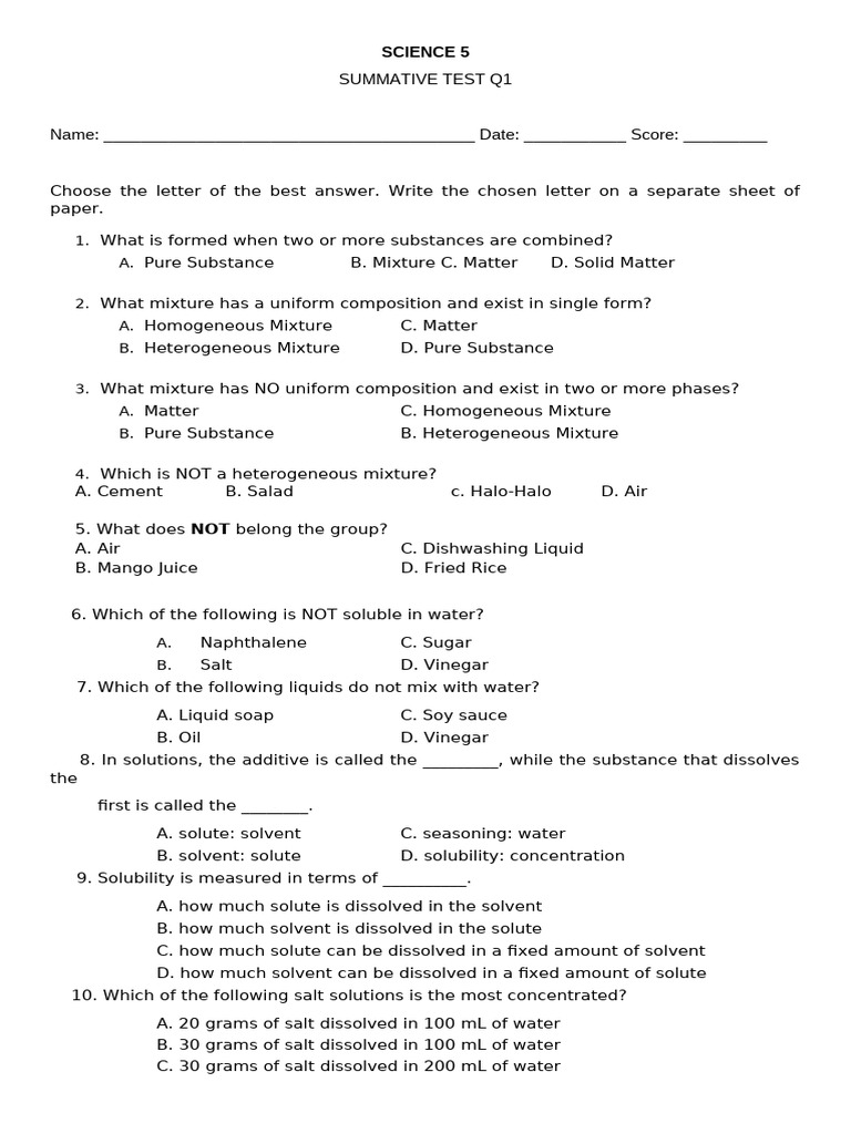 Science 5 Summative Test Q1 | PDF | Mixture | Suspension (Chemistry)
