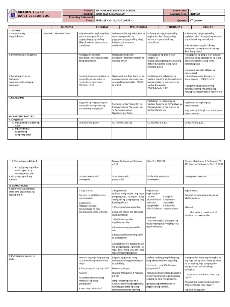 Grade 5 DLL FILIPINO 5 Q4 Week 1 | PDF