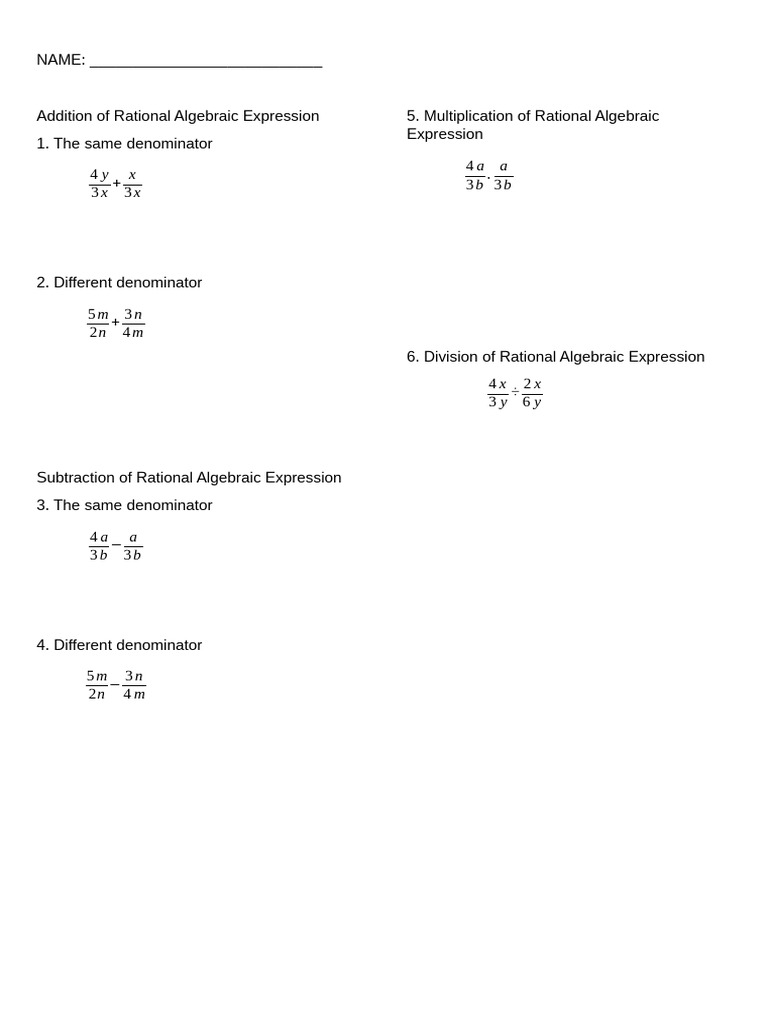 Add Subtract Divide and Multiply Algebraic Expression | PDF