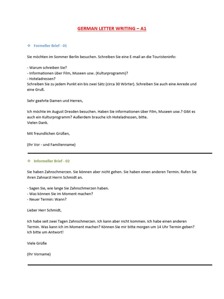 German A1 Formal and Informal Letters | PDF