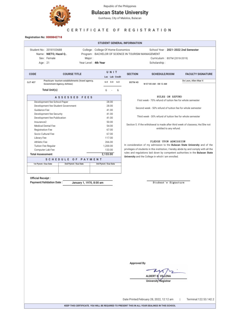 Bulacan State University Registration Certificate | PDF | Fee