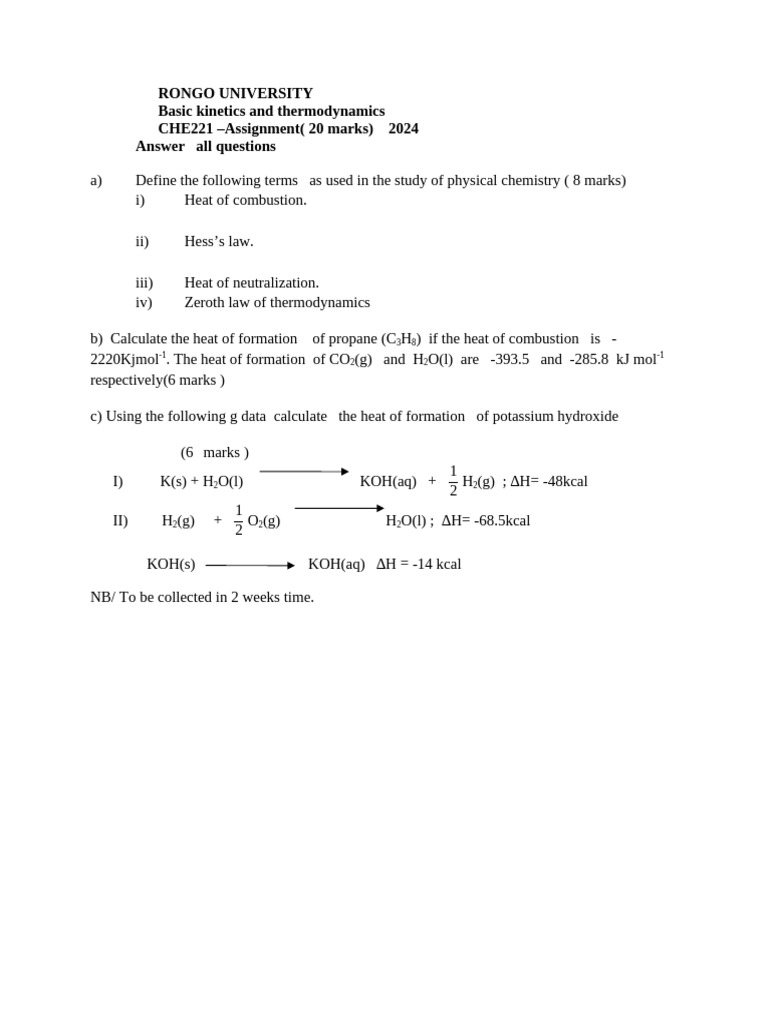 CHE 221 Assignment 2024 | PDF