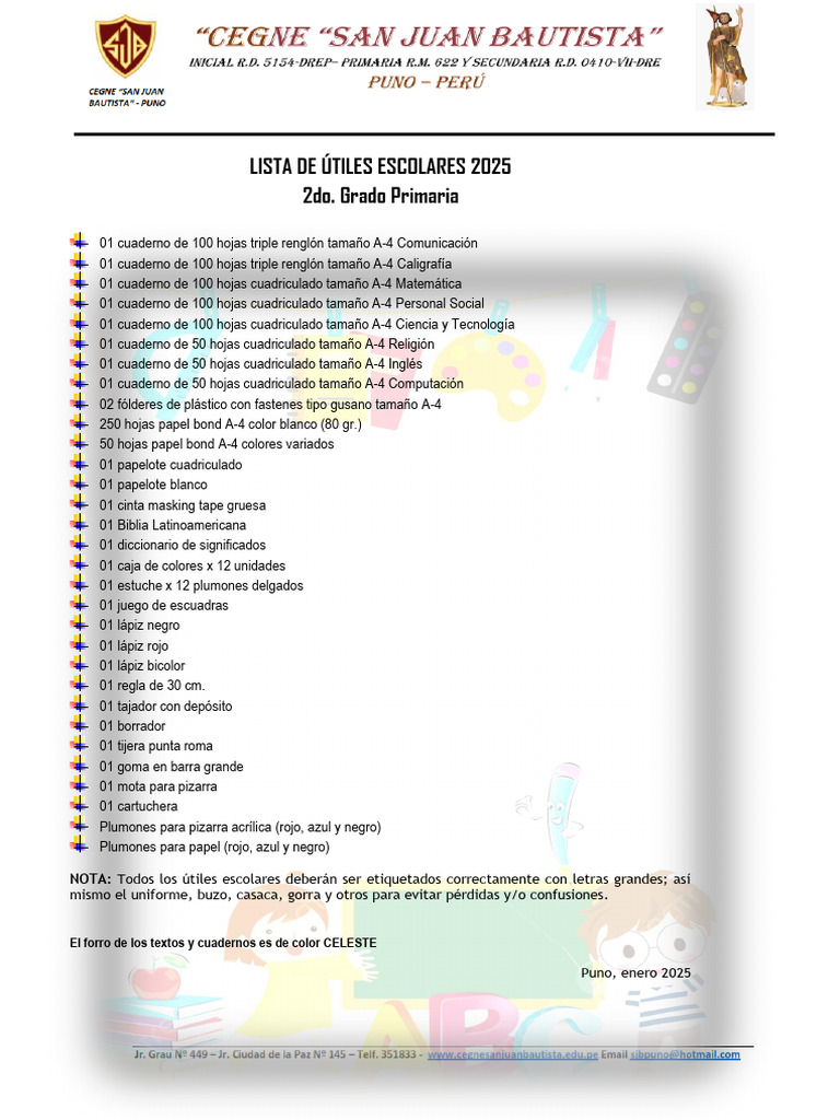 Lista de Utiles 2025 Segundo Grado Primaria2 | PDF