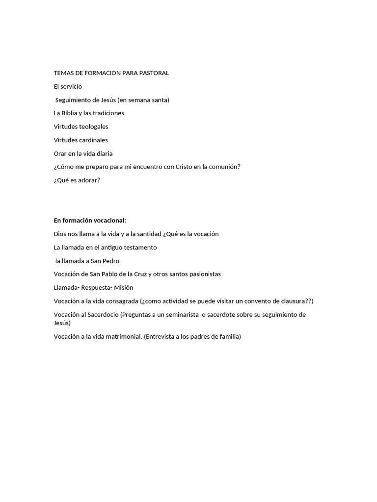 Temas de Formacion para Pastoral 2024 | PDF