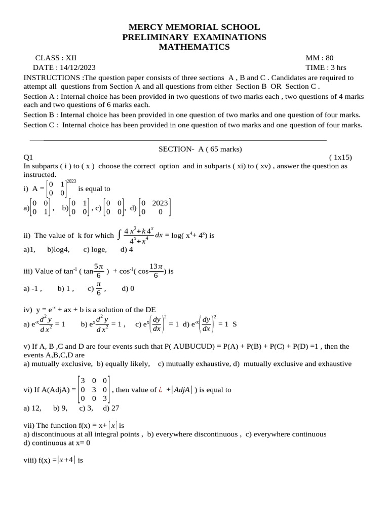 PRELIMINARY MATHEMATICS CLASS 12th 2023-24VC | PDF | Function ...